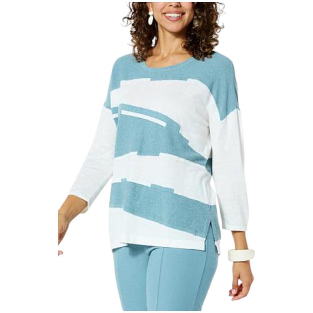 WynneCollection Ribbed Sleeve Intarsia Sweater Sea Blue - Regular